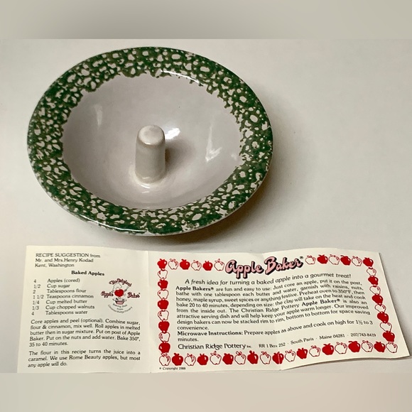 Vintage Unused Glazed Clay Pottery ORIGINAL APPLE BAKER Green Spongeware Trim - Picture 3 of 16